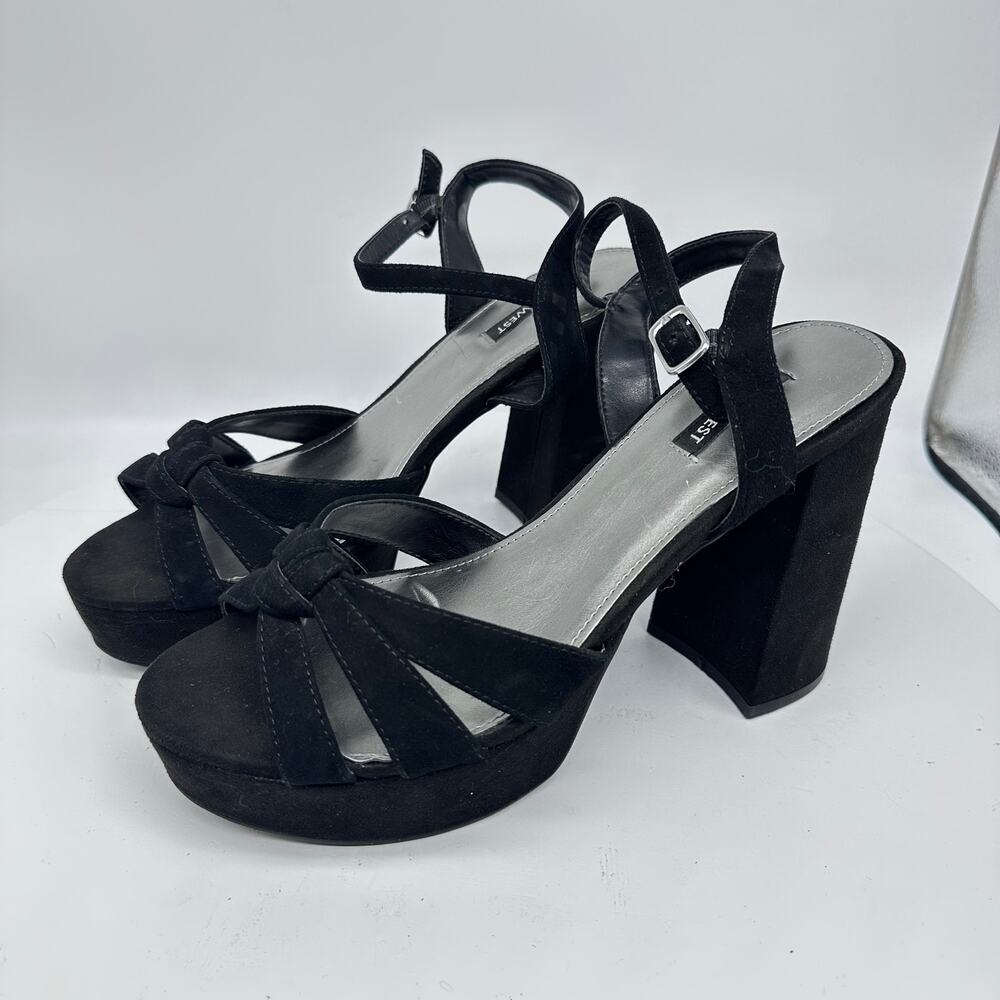 Nine West Black Suede Ankle Strap Block Platform Heel Womens 9.5